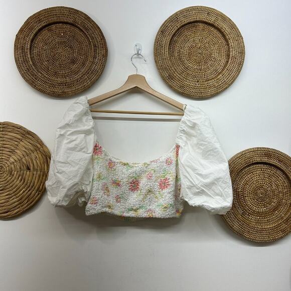 Zara White Floral Puff Sleeve Square Neck Stretch Smocked Poplin Crop Top XL - Picture 3 of 5